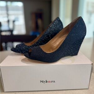 Style & Co. Navy Glitter Peep-Toe Wedge Heels